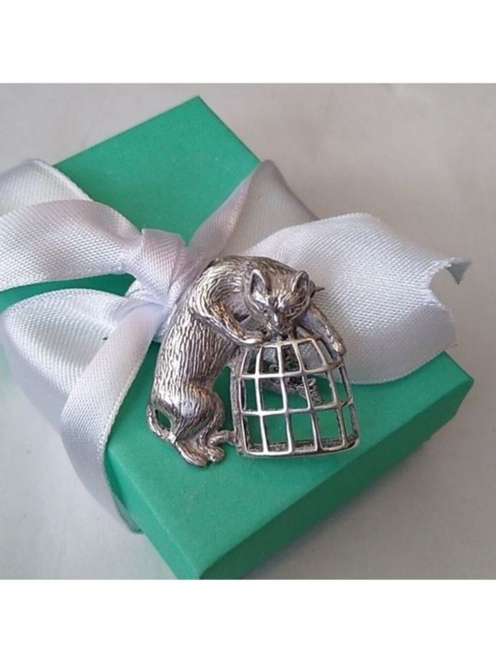 Vintage Signed Jezlaine 925 Cat & Caged Bird Sterling Silver Brooch